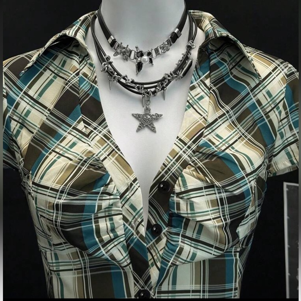 Short Sleeve Plaid Ruffle Button-Up Blouse - Picture 3 of 16